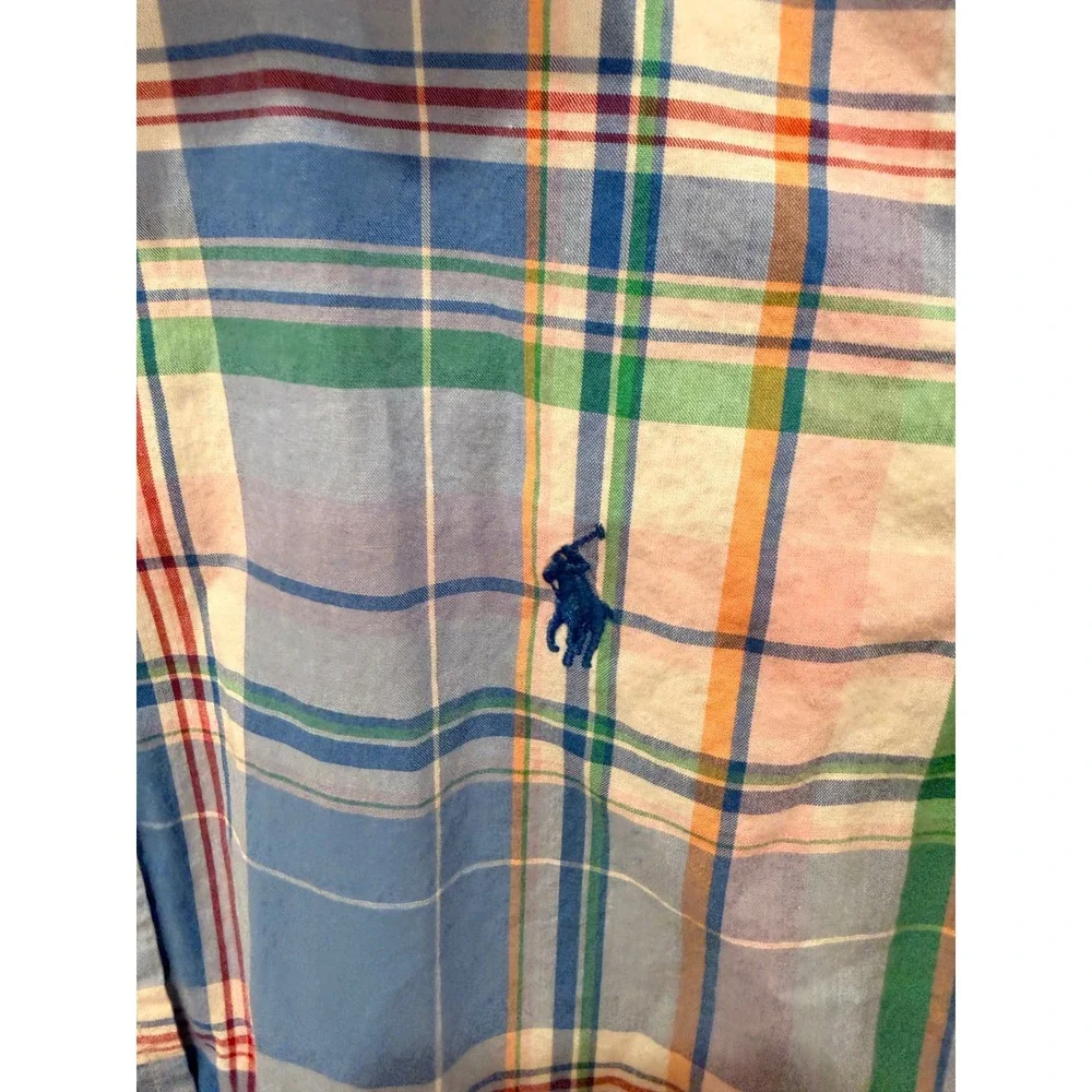 Ralph Lauren Boys Blue Green Orange Plaid Short Sleeve Button Down Shirt L 14-16